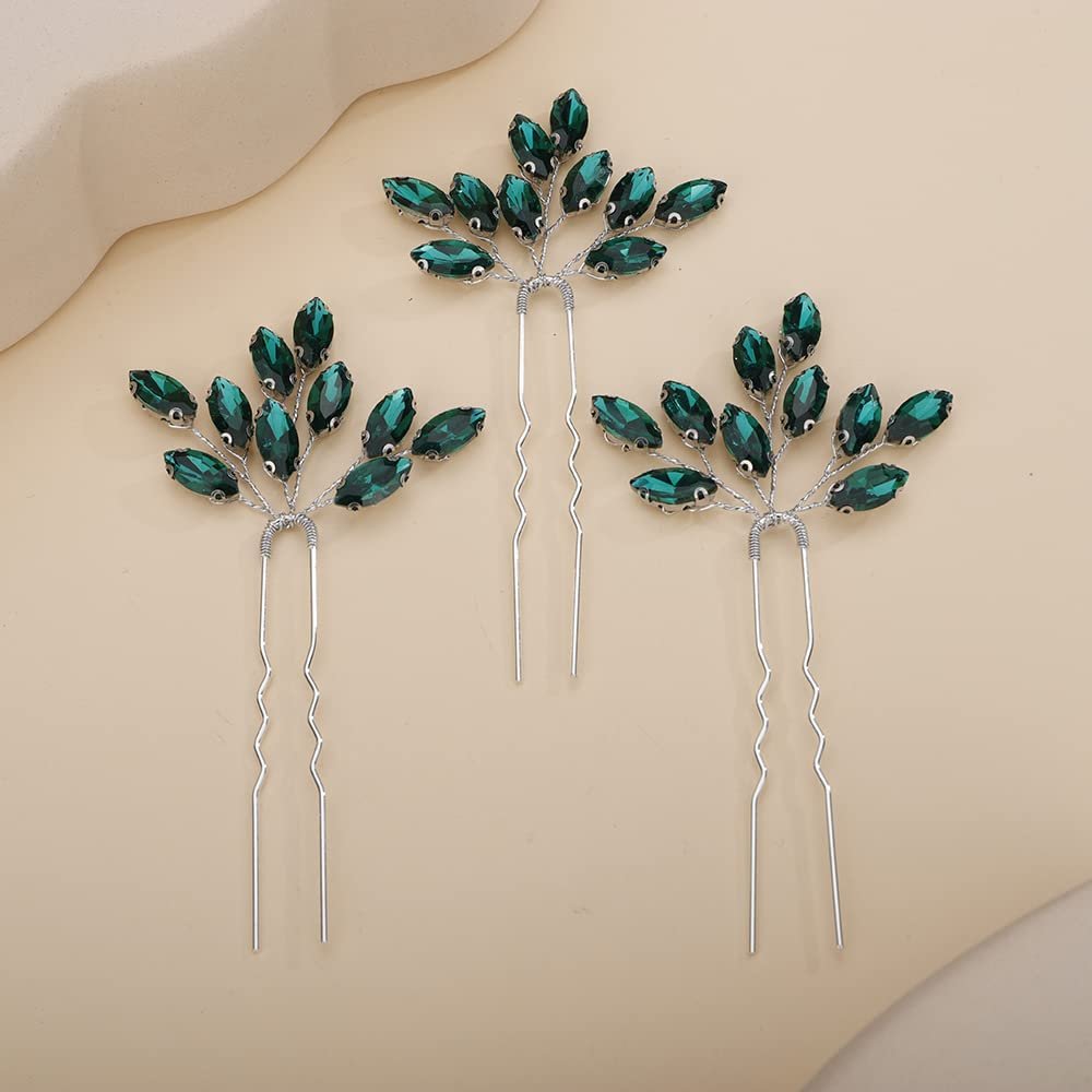 Teyglen 3pcs Bridal Crystal Hair Pins Rhinestones Hair Pieces Simple Crystal Wedding Hair Accessories Handmade Hair Pins for Women Bride Girls (Green-Silver)