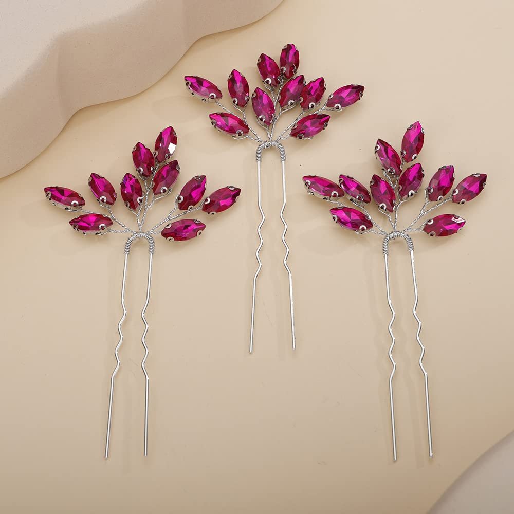 Teyglen 3pcs Bridal Crystal Hair Pins Rhinestones Hair Pieces Simple Crystal Wedding Hair Accessories Handmade Hair Pins for Women Bride(Rose Red)