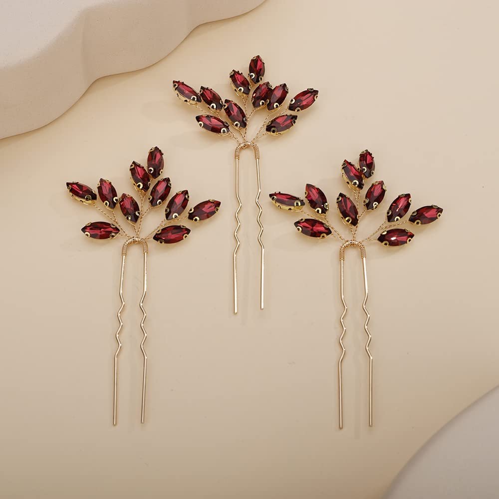Teyglen 3pcs Bridal Crystal Hair Pins Rhinestones Hair Pieces Simple Crystal Wedding Hair Accessories Handmade Hair Pins for Women Bride Girls (Wine red)