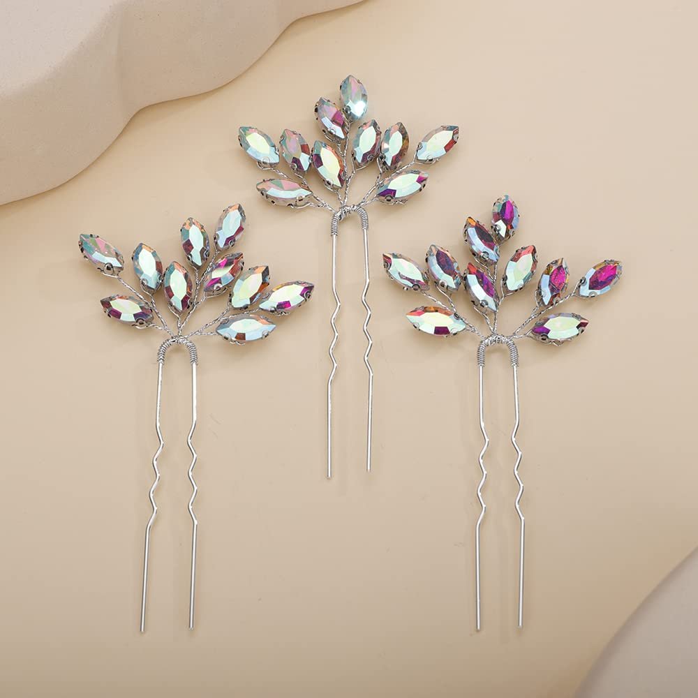 Teyglen 3pcs Bridal Crystal Hair Pins Rhinestones Hair Pieces Simple Crystal Wedding Hair Accessories Handmade Hair Pins for Women Bride Girls (Ab color)