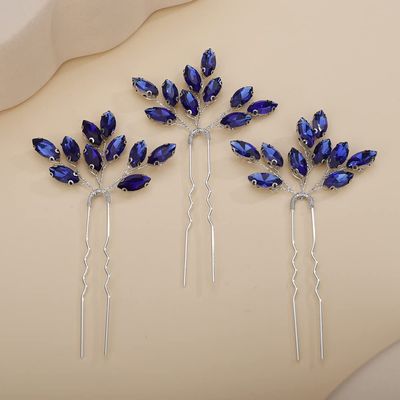 Teyglen 3pcs Bridal Crystal Hair Pins Rhinestones Hair Pieces Simple Crystal Wedding Hair Accessories Handmade Hair Pins for Women Bride (Blue)