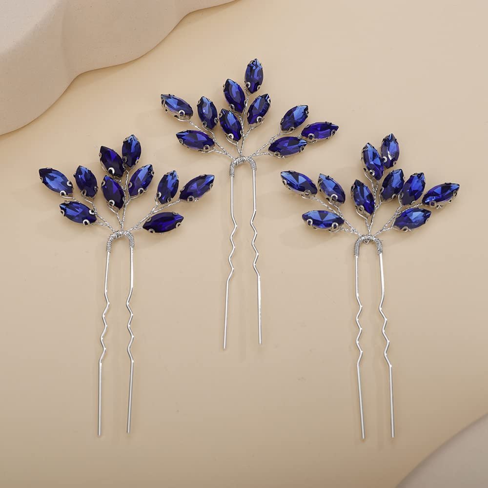 Teyglen 3pcs Bridal Crystal Hair Pins Rhinestones Hair Pieces Simple Crystal Wedding Hair Accessories Handmade Hair Pins for Women Bride (Blue)
