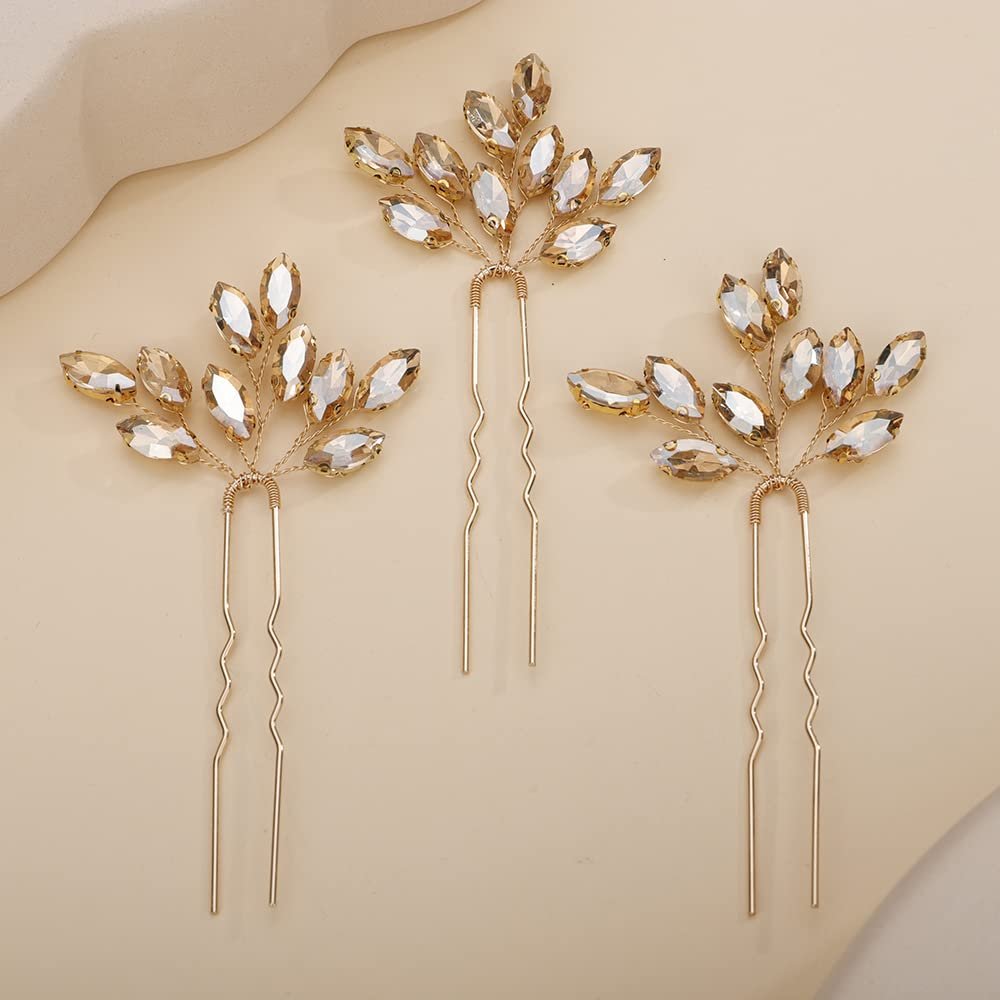 Teyglen 3pcs Bridal Crystal Hair Pins Rhinestones Hair Pieces Simple Crystal Wedding Hair Accessories Handmade Hair Pins for Women Bride(Champagne)