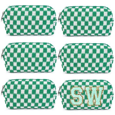 6 Pcs Preppy Makeup Bag Checkered Cosmetic Bag Bulk Green Makeup Pouch Personalize Travel Toiletry Bag Organizer Cute DIY Makeup Brushes Storage Bag for Women