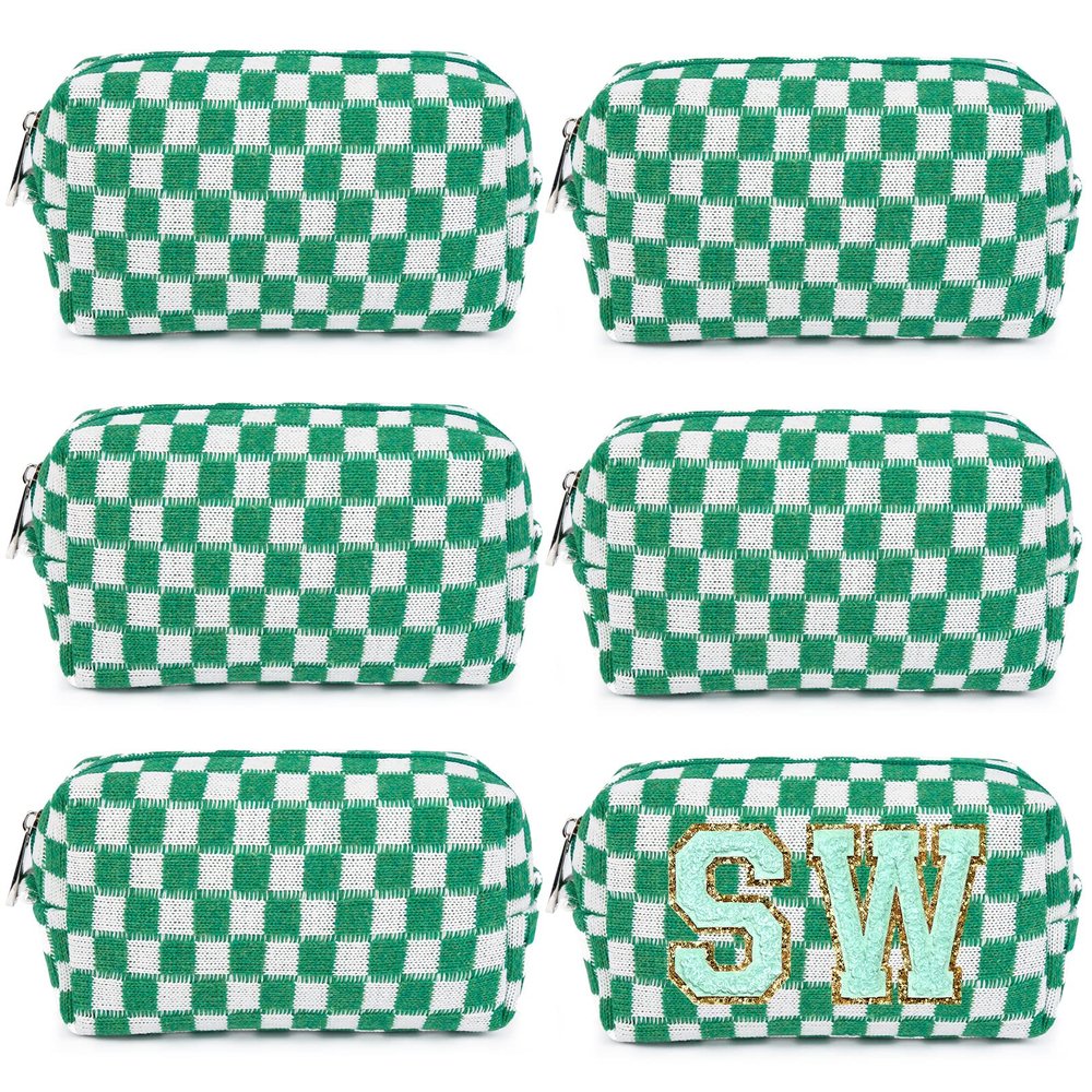 6 Pcs Preppy Makeup Bag Checkered Cosmetic Bag Bulk Green Makeup Pouch Personalize Travel Toiletry Bag Organizer Cute DIY Makeup Brushes Storage Bag for Women