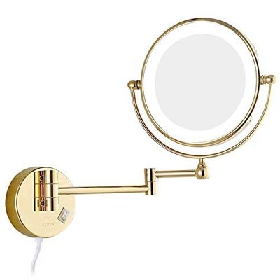 8 Inch Gold Makeup Mirror,Double Sided Magnification Mirror with LED Light,Bathroom Extendable Wall-Mounted Vanity Shaving Mirror with Switch Plug,3X(10x) (5X)