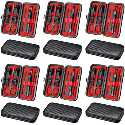 Geosar 12 Sets Manicure Set Nail Clippers Pedicure Kit 8 in 1 Grooming Stainless Steel Kits Nail Care Tools with Travel Case Valentine Day Gifts for Employee Coworker Teachers Nurse(Red Background)