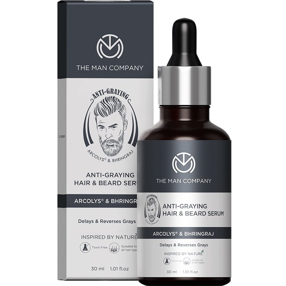 The Man Company Anti-Graying Hair & Beard Serum for Men Enriched with Bhringraj, Arcolys, & Shikakai | Strengthen Hair & Beard Roots | Toxin-Free | All Hair Type - 30ml