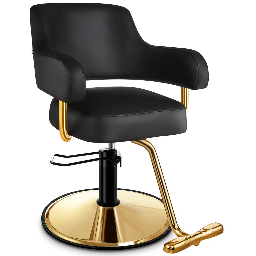 Baasha Comfortable Gold Salon Chair with Adjustable Height and Swivel Function, Ergonomic Stylist Chairs with Padded Armrests, Elegant Hair Chair with Premium Leather Upholstery - Gold & Black