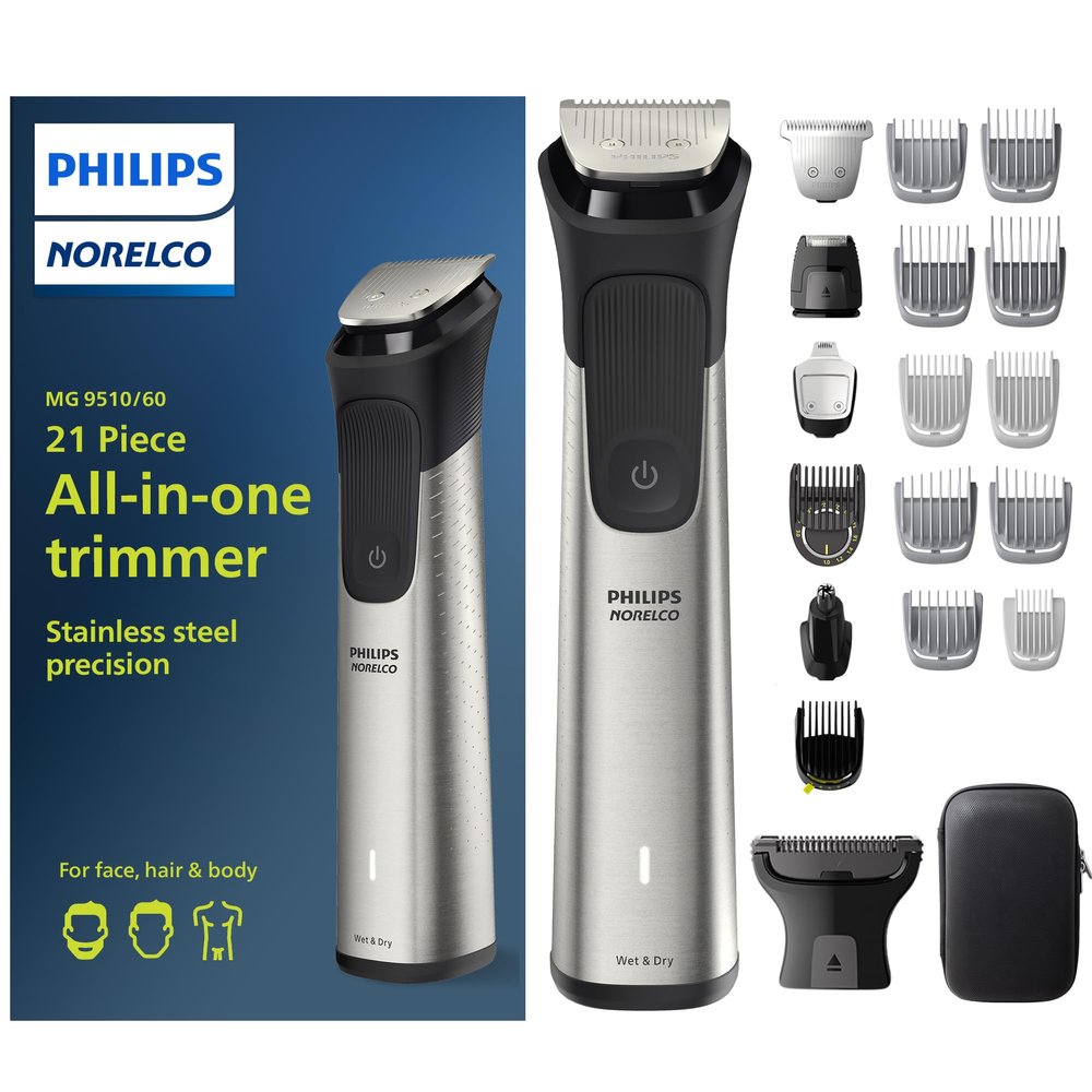 Norelco New Philips Multigroom Series 9000-21 Piece Men's Grooming Kit for Beard, Body, face, Nose, Ear Hair Trimmer w/Premium Storage case, MG9510/60