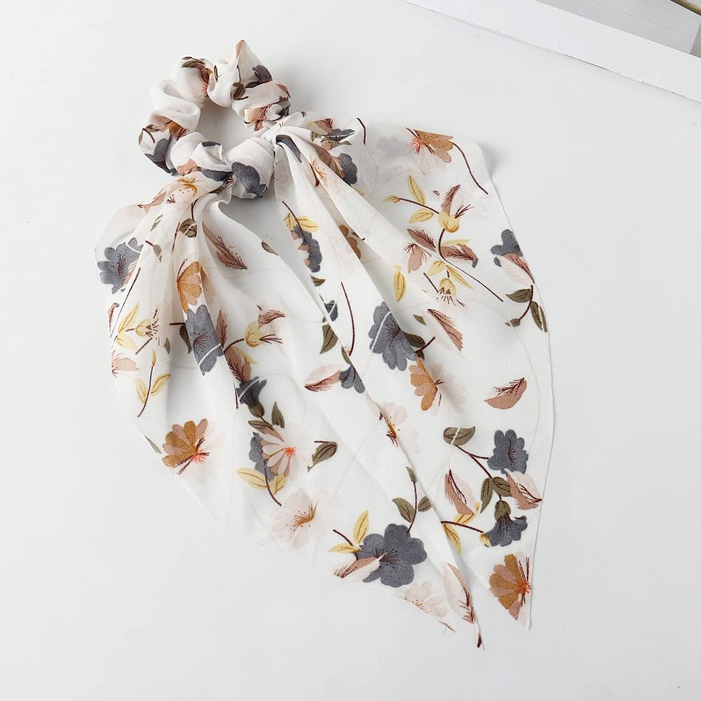 12 PCS Hair Scarf Hair Scrunchies Satin Chiffon Elastics Hair Band Hair Tie Ribbon Floral Stripped Leopard Pattern Ponytail Holder Long Tail Bow Knotted Soft Hair Scrunchy 2 in 1 Design for Women Girl GB-JX014