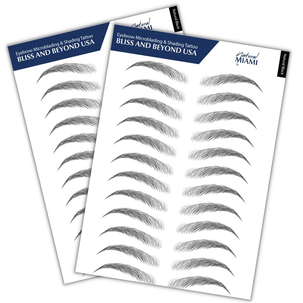 Bliss and Beyond USA, 2 sheets eyebrow tattoo waterproof sticker, Long Lasting, Natural Looking Fake Eyebrow for Alopecia, Chemo, Cancer gift. Same Size eyebrow tattoos (Natural Miami, Black)