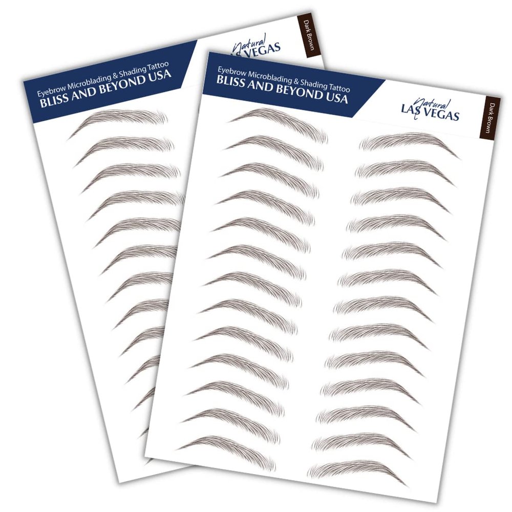 Bliss and Beyond USA, 2 sheets eyebrow tattoo waterproof sticker, Long Lasting, Natural Looking Fake Eyebrow for Alopecia, Chemo, Cancer gift. Same Size eyebrow tattoos (Natural Las Vegas, Dark Brown)