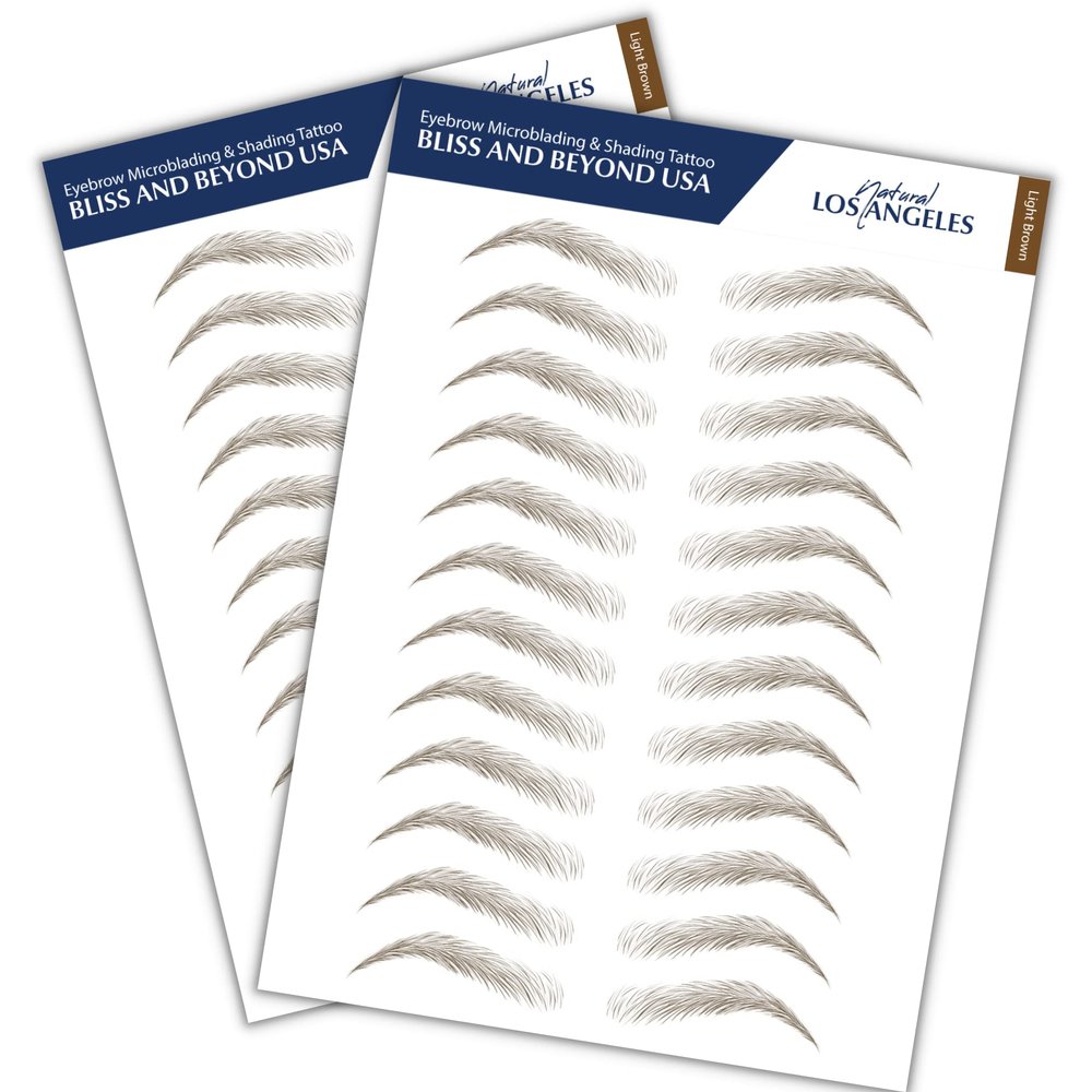 Bliss and Beyond USA, 2 sheets eyebrow tattoo waterproof sticker, Long Lasting, Natural Looking Eyebrow for Alopecia, Chemo, Cancer gift. Same Size eyebrow tattoos (Natural Los Angeles, Light Brown)