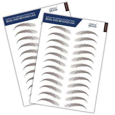 Bliss and Beyond USA, 2 sheets eyebrow tattoo waterproof sticker, Long Lasting, Natural Looking Fake Eyebrow for Alopecia, Chemo, Cancer gift. Same Size eyebrow tattoos (Natural Miami, Dark Brown)