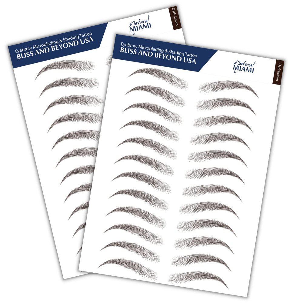 Bliss and Beyond USA, 2 sheets eyebrow tattoo waterproof sticker, Long Lasting, Natural Looking Fake Eyebrow for Alopecia, Chemo, Cancer gift. Same Size eyebrow tattoos (Natural Miami, Dark Brown)
