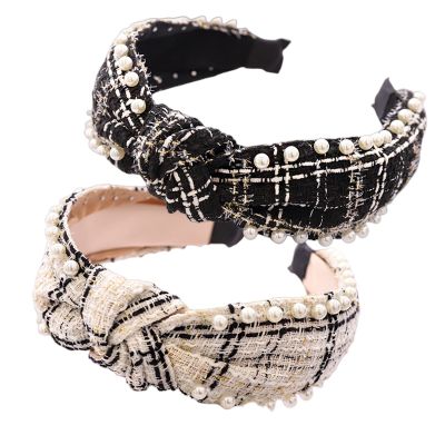 2 Pcs Elegant Beaded Headband for Women Fashion Black White Knotted Pearl Hair Headband for Girls