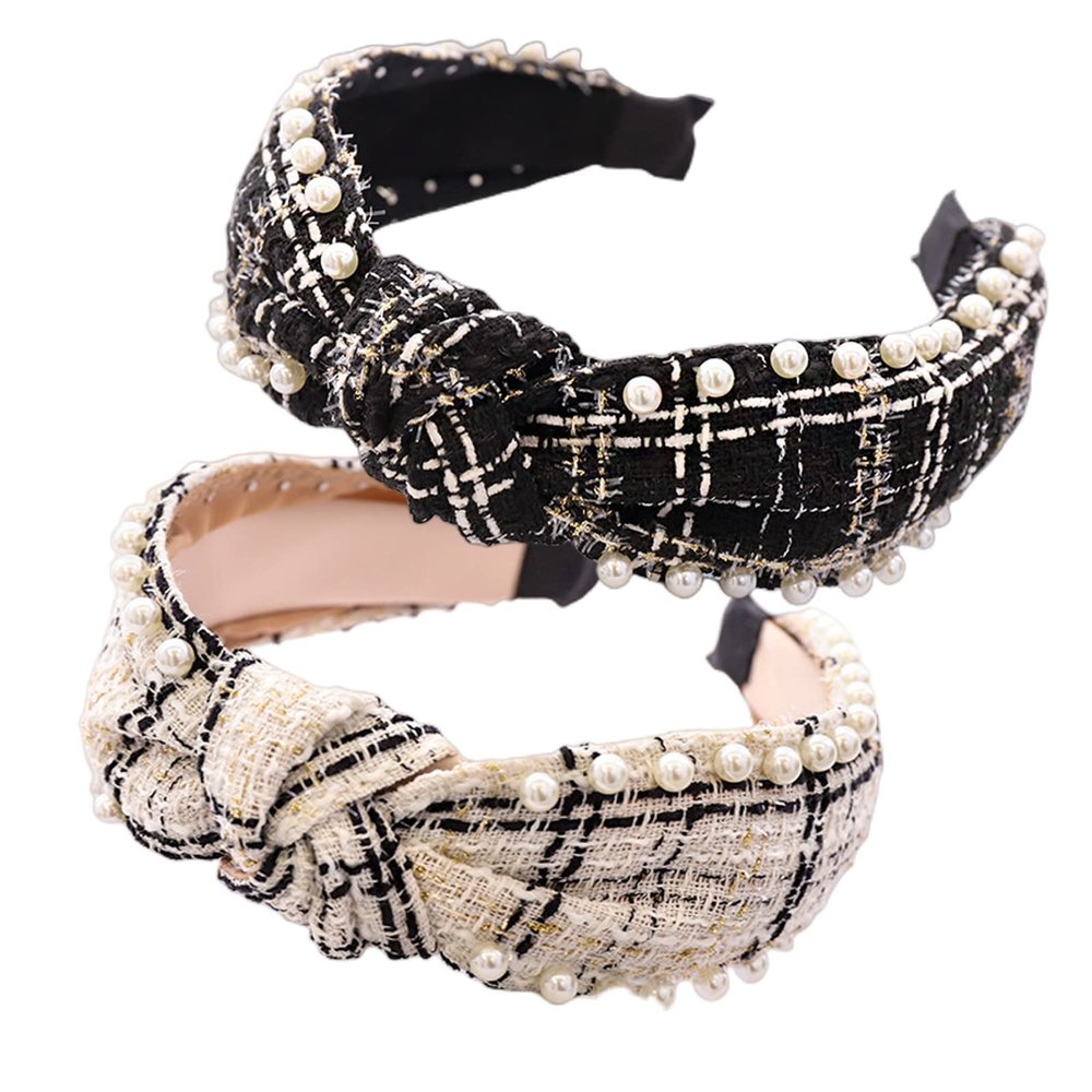 2 Pcs Elegant Beaded Headband for Women Fashion Black White Knotted Pearl Hair Headband for Girls