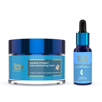 Blue Nectar Daily Face Moisturizer with Natural Vitamin E & Vitamin C (1.7 Fl Oz) and Vitamin C Face Serum with Natural Hyaluronic Acid (1 Fl Oz)