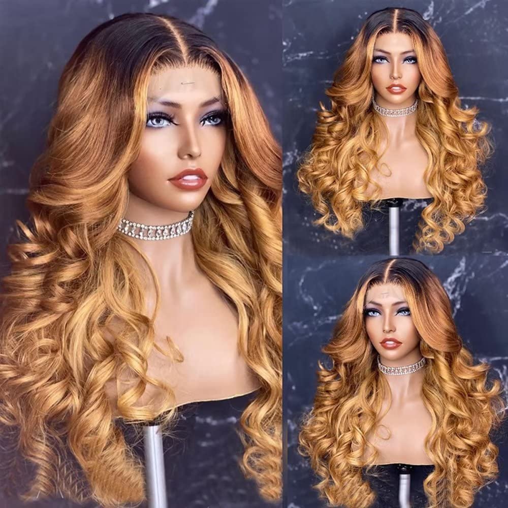 13x4 Highlight Ombre Blonde Lace Frontal Wig Brazilian Body Wave HD Transparent Lace Front Human Hair Wig Pre Plucked For Women Bleached Knots 150% Density 24Inch