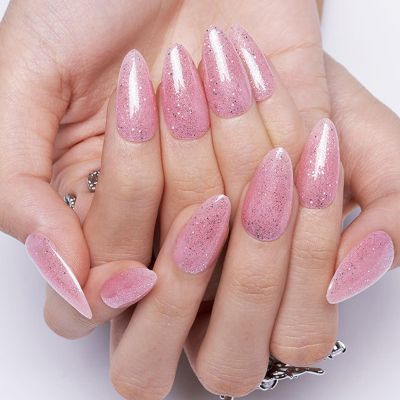 GLAMERMAID Light Pink Press on Nails Medium Almond, Handmade Glitter Jelly Soft Gel Nude False Nals, Stiletto Glue on Nails Kit for Women, Reusable Short Oval Stick on Acrylic Fake Nails Manicure Set