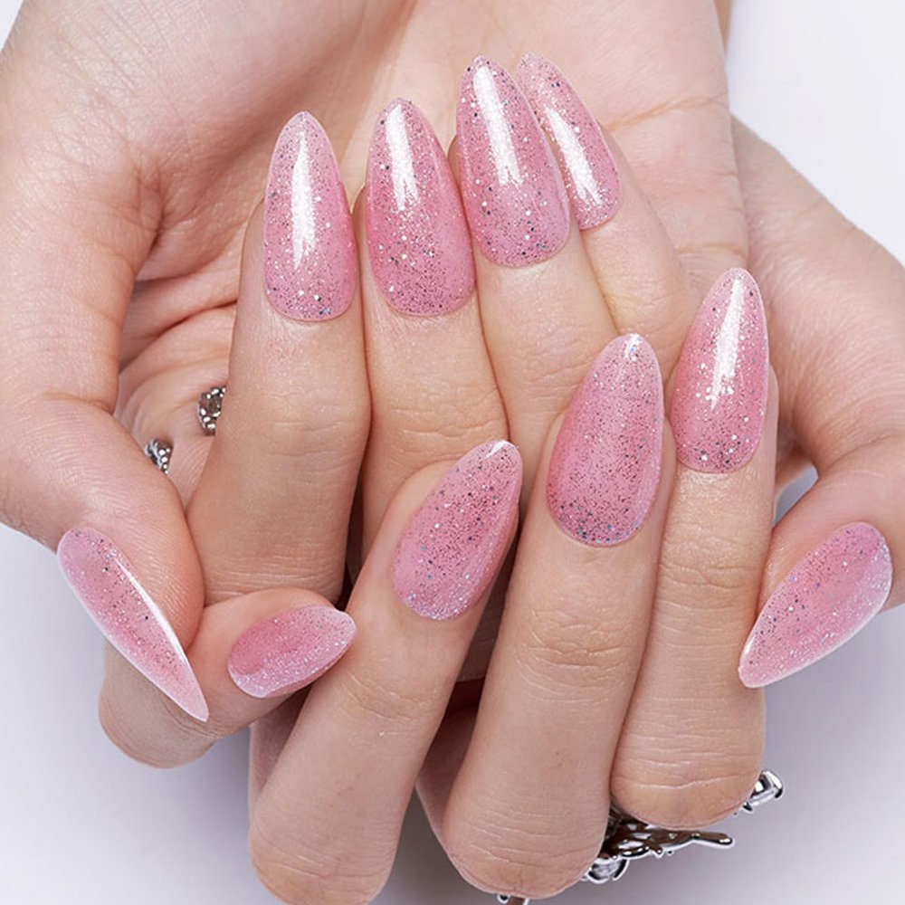GLAMERMAID Light Pink Press on Nails Medium Almond, Handmade Glitter Jelly Soft Gel Nude False Nals, Stiletto Glue on Nails Kit for Women, Reusable Short Oval Stick on Acrylic Fake Nails Manicure Set
