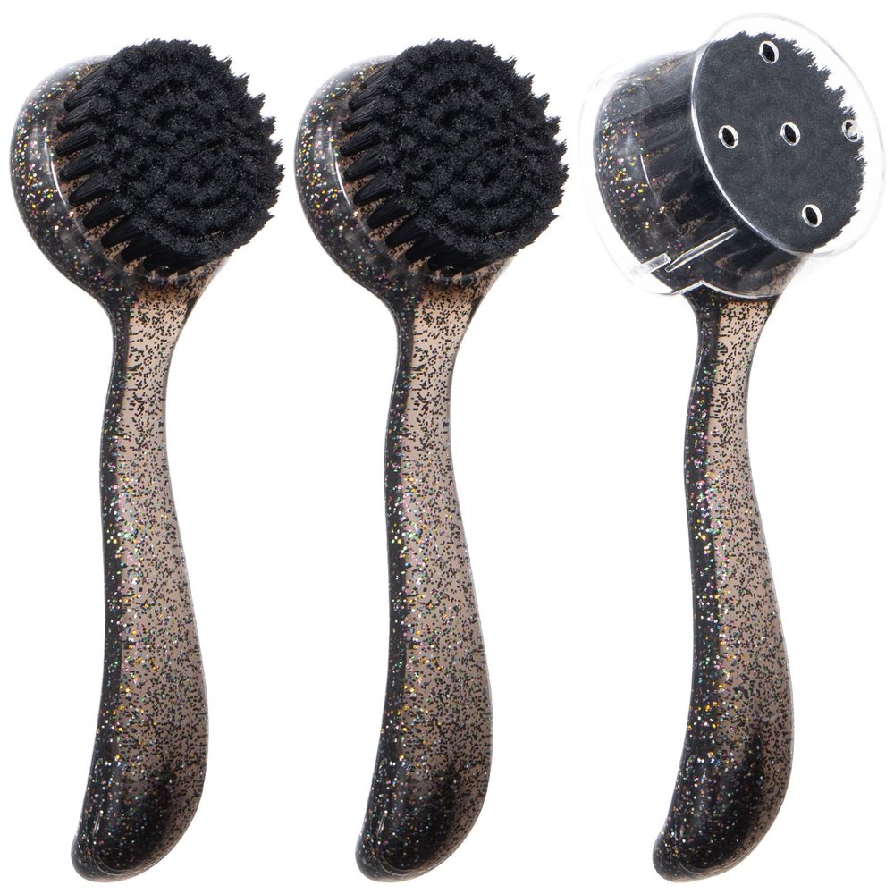 3 Pcs Large Handheld Face Scrubber, Beomeen Facial Cleansing Brush Charcoal Black Bristles Face Exfoliator Cleaner Soft Brush with Lid for Gentle Deep Cleansing and Exfoliating (Black-Glitter)