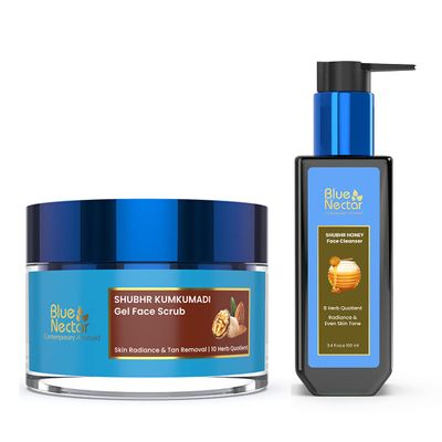 Blue Nectar Walnut Gel Scrub for Deep Exfoliation (1.7 Fl Oz) along with Honey Aloe Vera Detan Face Wash with Natural Vitamin E (3.38 Fl Oz)