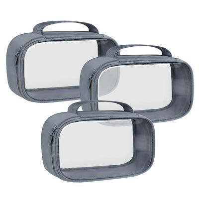 Moyad TSA Approved Clear Toiletry Bag with Handle, 3 Pack Quart Size 3-1-1 Liquids Pouch for Travel, Transparent Makeup & Cosmetic Organizer for Women Men, Grey