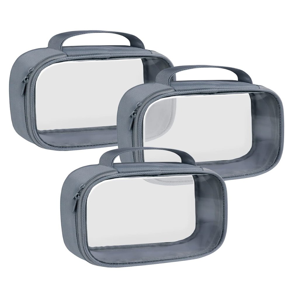 Moyad TSA Approved Clear Toiletry Bag with Handle, 3 Pack Quart Size 3-1-1 Liquids Pouch for Travel, Transparent Makeup & Cosmetic Organizer for Women Men, Grey