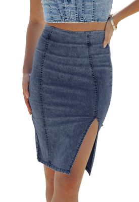 HERBATOMIA Womens Dark Jean Stretch Skirt Side Split Hem High Waisted Knee Length Slim Fit Bodycon Denim Skirts for Women