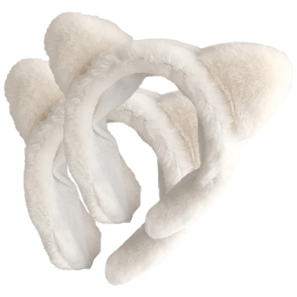 minkissy Plush Cat Ear Headband, 2pcs Furry Hair Band in White and Black, Lovely Ears Hairband Face Washing Headband for Women Girls