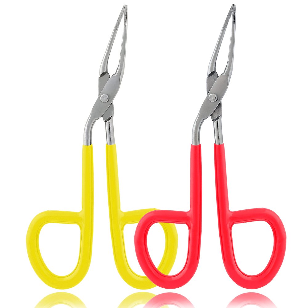2 Pieces Tweezers Scissor Handle Straight Tip Scissor Shaped Eyebrows Tweezers for Hair Plucker Remover Facial Hair Eyebrows Care (Yellow-Red)