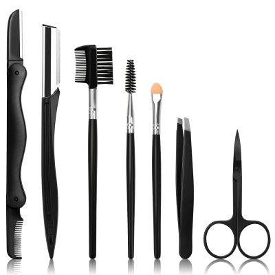 Sunuly Eyebrow Razor, 7 in 1 Brow Kit, Eyebrow Trimmer Set Including Brow Razors, Brush, Scissors, Tweezers, with Plastic Box for Women Men Eyelash Facial Grooming