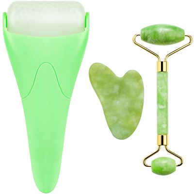 AECW 3-in-1 Natural Jade Roller and Gua Sha Set for Face and Eye Ice Roller Facial Cooling Massage Roller (Green Ice Roller + Jade Roller + Gua Sha)