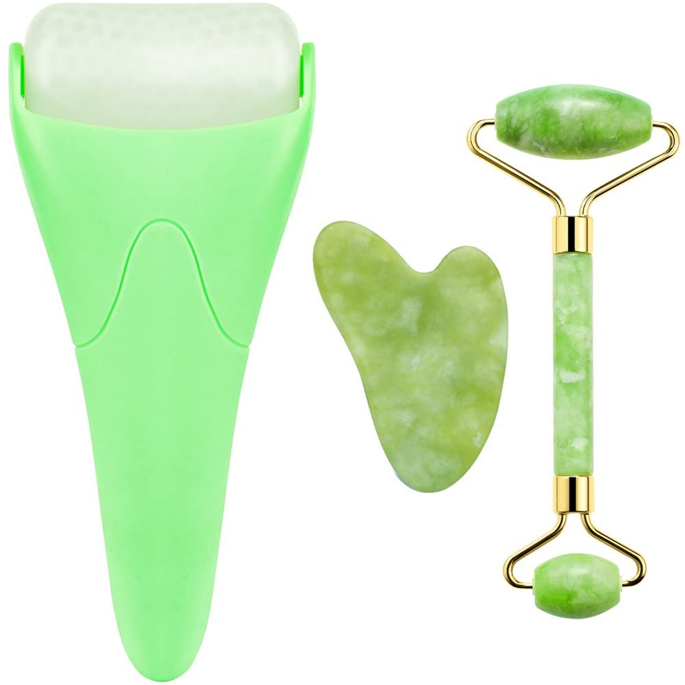 AECW 3-in-1 Natural Jade Roller and Gua Sha Set for Face and Eye Ice Roller Facial Cooling Massage Roller (Green Ice Roller + Jade Roller + Gua Sha)