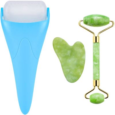 AECW 3-in-1 Natural Jade Roller and Gua Sha Set for Face and Eye Ice Roller Facial Cooling Massage Roller (Light Blue Ice Roller + Jade Roller + Gua Sha)