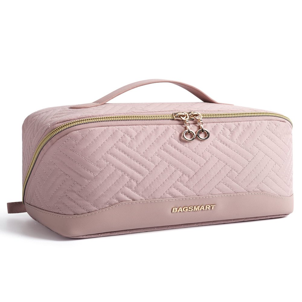 BAGSMART Makeup Bag Cosmetic Bag, Travel Makeup Bag,Water-resistent Makeup Bags for Women Portable Pouch Open Flat Make Up Organizer Bag for Toiletries, Brushes, Pink