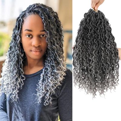 14 Inch 7 Packs Ombre Faux Locs Crochet Hair for Women - Goddess Pre-Looped River Locs With Curly Hair - Soft Gray Crochet Braids (T1B/Gray#)