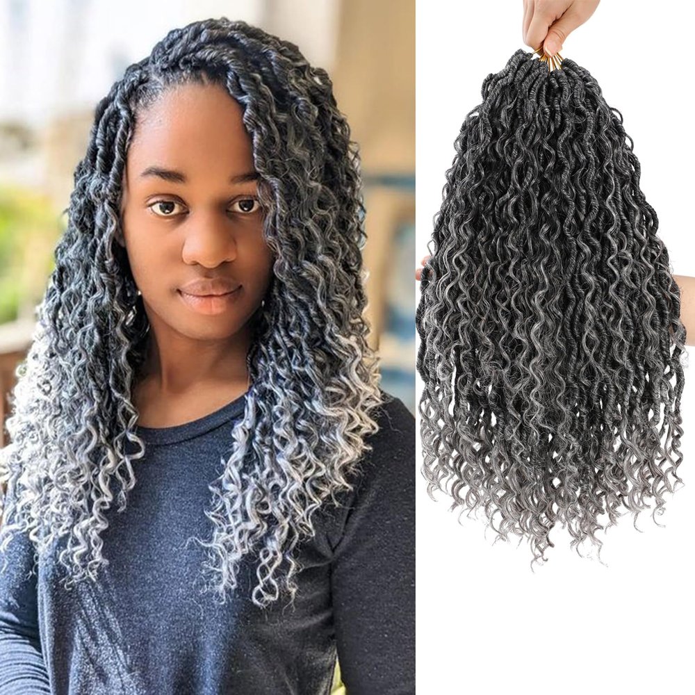 14 Inch 7 Packs Ombre Faux Locs Crochet Hair for Women - Goddess Pre-Looped River Locs With Curly Hair - Soft Gray Crochet Braids (T1B/Gray#)