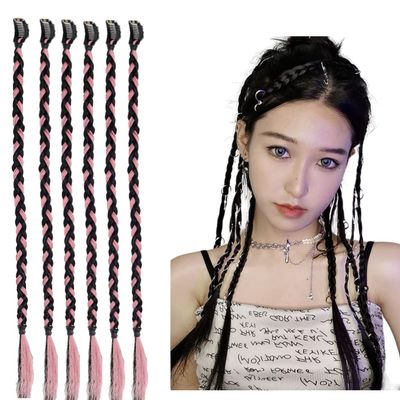 6pcs Synthetic Braid Female Ponytail Playful and Cute Simulation Boxing Braid Signle Clip Ombre Color DIY Hair Extensions (1B/Pink)