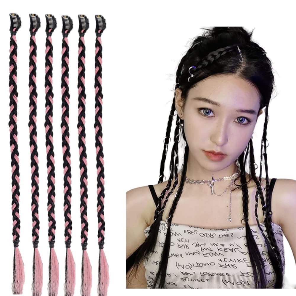 6pcs Synthetic Braid Female Ponytail Playful and Cute Simulation Boxing Braid Signle Clip Ombre Color DIY Hair Extensions (1B/Pink)