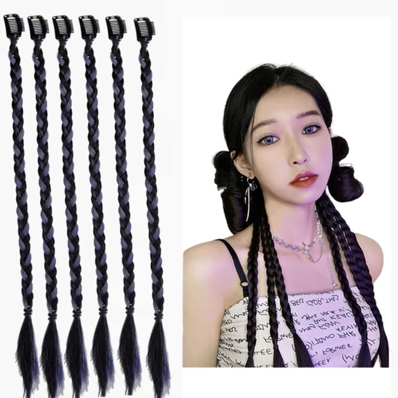 6pcs Synthetic Braid Female Y2K Jumbo Braiding Ponytail Playful and Cute Simulation Boxing Braid Signle Clip Ombre Color DIY Hair Extensions (1B/Blue)