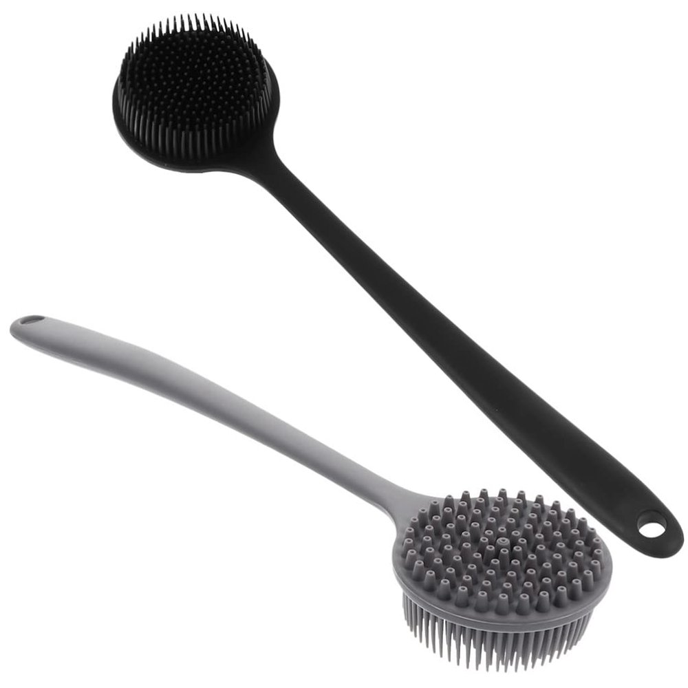 Beavorty 2pcs Silicone Shower Brush Handle Ergonomic Body Scrubber for Exfoliating and Massaging Skin Includes Black and Gray Bathing Brush for Back Cleaning