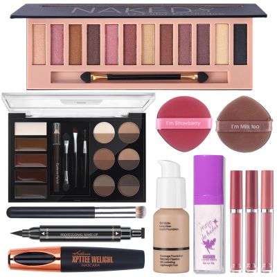Makeup Set For Women Full Kit - 12 Colors Nude Shimmer Eyeshadow Palette, Patting Powder Highlighter, Eyebrow Contour Kit, Liquid Foundation + Concealer Brush, Black Mascara and Stamp Liquid Eyeliner , 3pcs Matte Liquid Lipstick Set with 2 Powder Puf