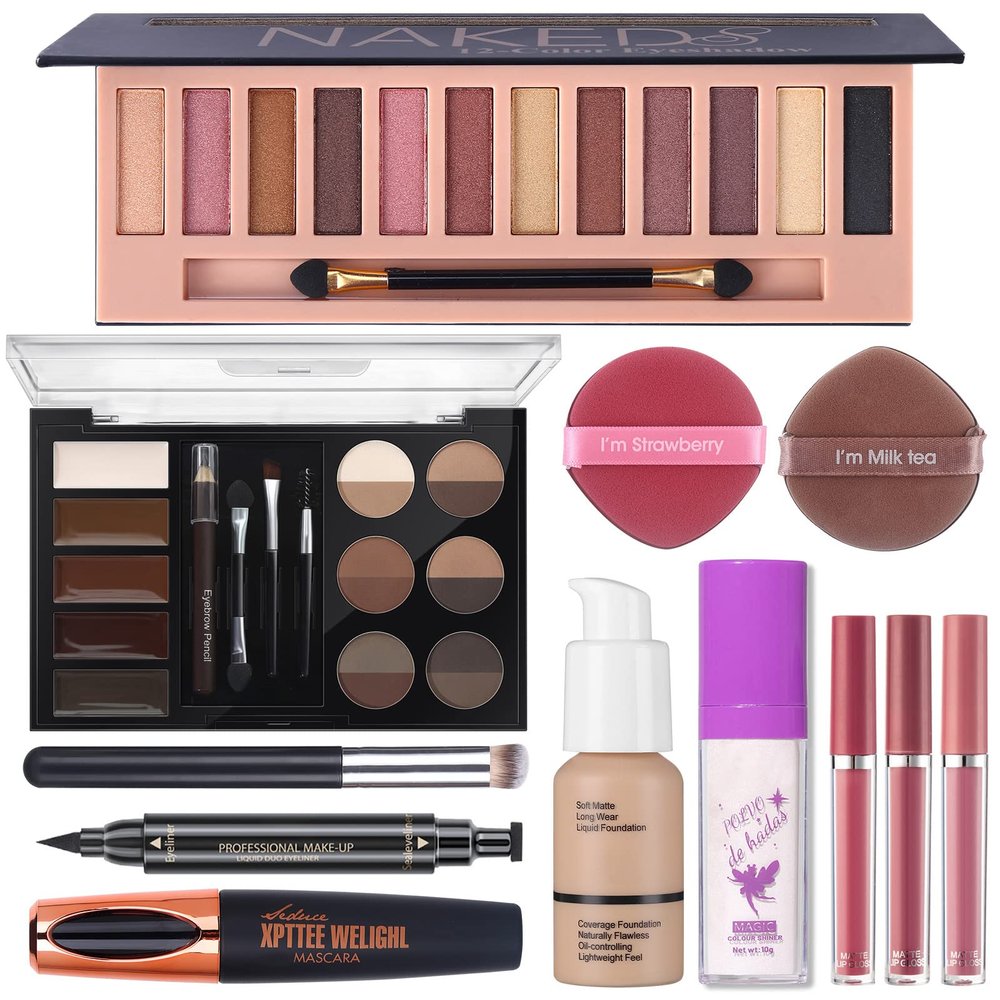 Makeup Set For Women Full Kit - 12 Colors Nude Shimmer Eyeshadow Palette, Patting Powder Highlighter, Eyebrow Contour Kit, Liquid Foundation + Concealer Brush, Black Mascara and Stamp Liquid Eyeliner , 3pcs Matte Liquid Lipstick Set with 2 Powder Puf