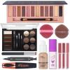 Makeup Set For Women Full Kit - 12 Colors Nude Shimmer Eyeshadow Palette, Patting Powder Highlighter, Eyebrow Contour Kit, Liquid Foundation + Concealer Brush, Black Mascara and Stamp Liquid Eyeliner , 3pcs Matte Liquid Lipstick Set with 2 Powder Puf view 1