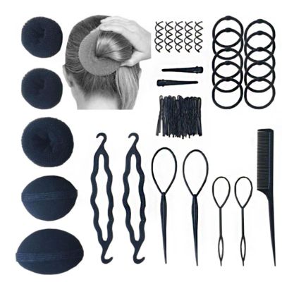 20Pcs Hair Tie Donut Ring Ropes Hairpins Pin Barrette Rubber Band Bun Insert Bump Up Maker Clip Comb DIY Hair Style Styling Braiding Tool