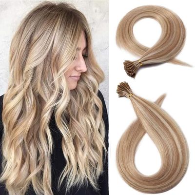 Beayhal I Tip Remy Human Hair Extensions Cold Fusion Hair Piece Pre Bonded Keratin Stick In Hair Extensions Long Straight #18/613 Golden Brown Highlighted Bleach Blonde Hairpieces 100 Strands 100g 20"