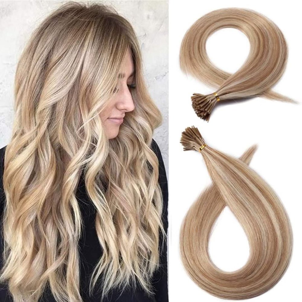 Beayhal I Tip Remy Human Hair Extensions Cold Fusion Hair Piece Pre Bonded Keratin Stick In Hair Extensions Long Straight #18/613 Golden Brown Highlighted Bleach Blonde Hairpieces 100 Strands 100g 20"